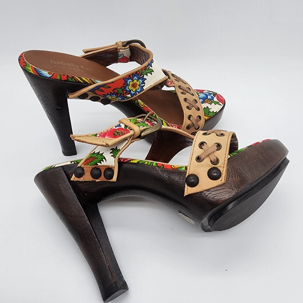 Isabella Fiore Italy Floral Wooden Platform Heel Clogs Sandals Size 5.5 - Picture 13 of 14